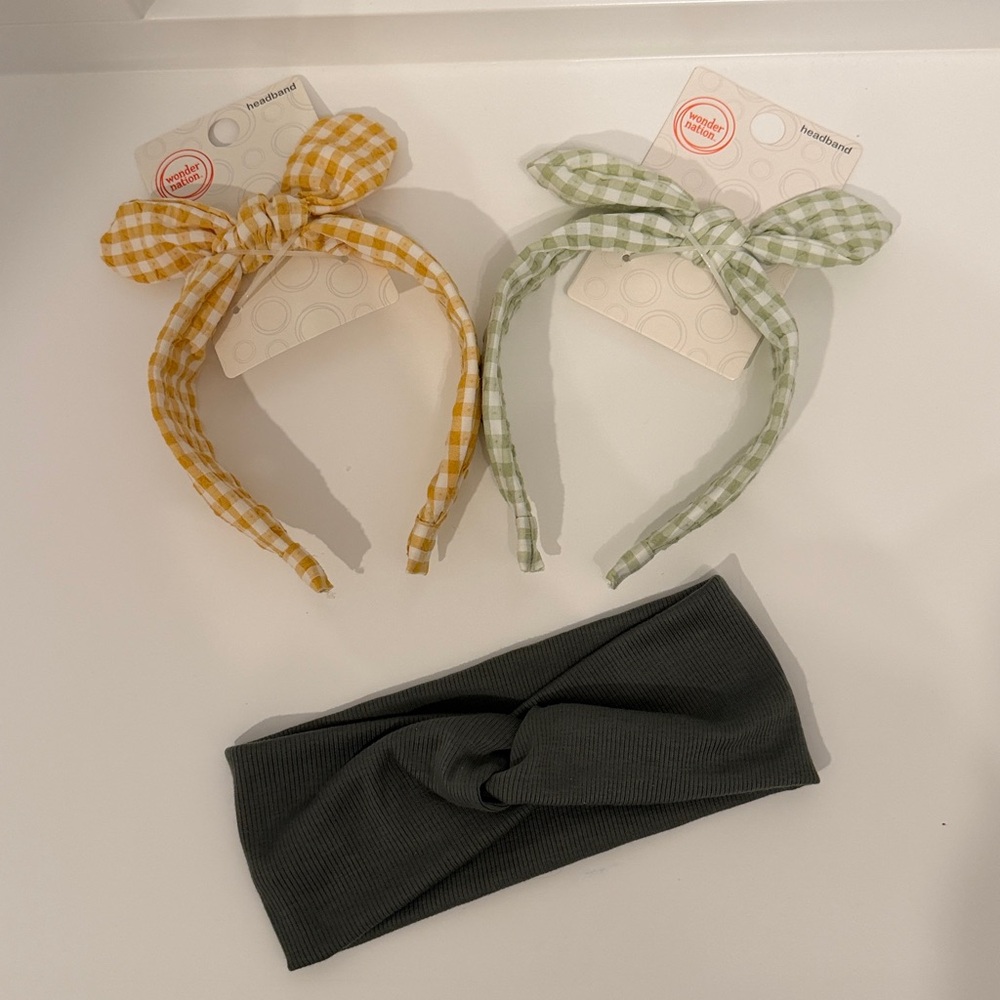 NWT CUTE Gingham| Headband Set - Yellow & Green| PLUS Olive Stretch Headband